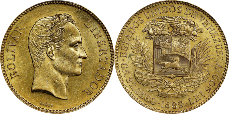 VENEZUELA. 100 Bolivares, 1889. Caracas Mint. PCGS MS-61.
Fr-2; KM-Y-34; Stohr-...