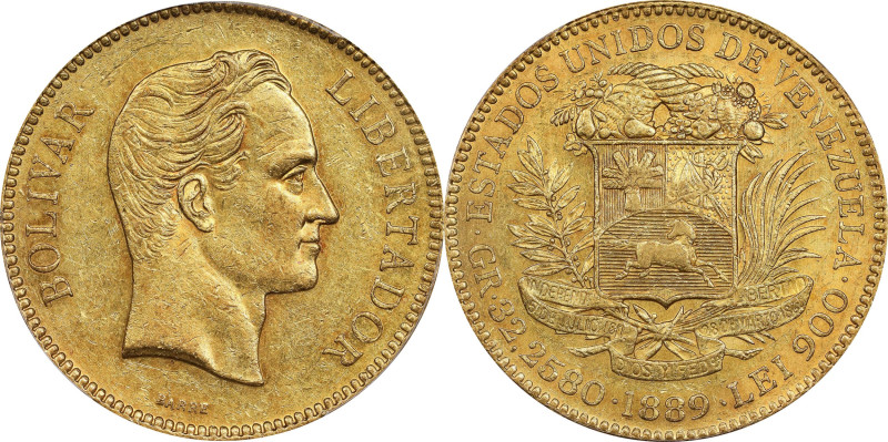 VENEZUELA. 100 Bolivares, 1889. Caracas Mint. PCGS AU-58.
Fr-2; KM-Y-34. Most c...