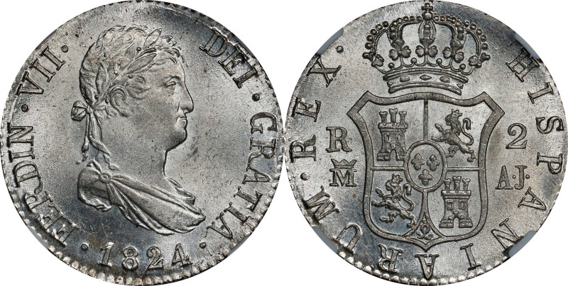 SPAIN. 2 Reales, 1824-M AJ. Madrid Mint. Ferdinand VII. NGC MS-66.
KM-460.2; Ca...