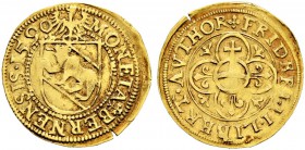 SPEZIALSAMMLUNG BERN 
 Goldgulden 1590.
 Av. Nach links blickender Adler über dem Berner Wappen. Umschrift &quot;MONETA ++BERNENSIS.1590&quot;.
 Rv...