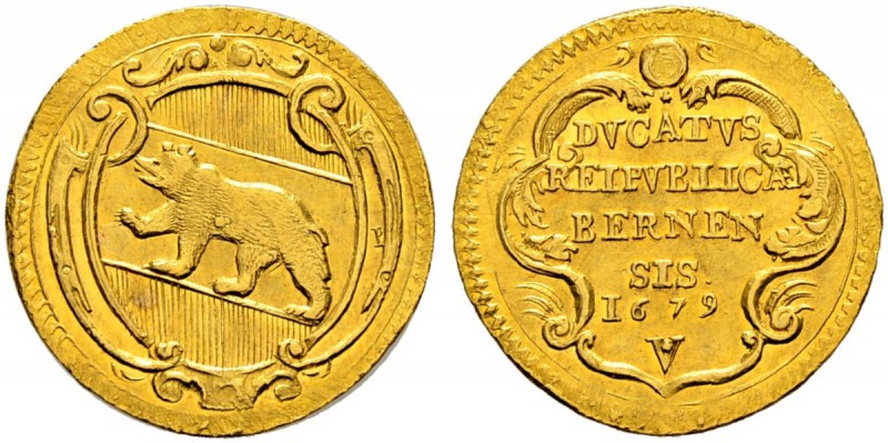 SPEZIALSAMMLUNG BERN 
 Dukat 1679.
 Av. Berner Wappen auf verzierter Kartusche...