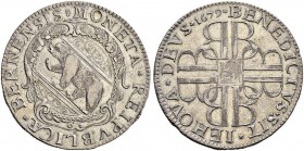 SPEZIALSAMMLUNG BERN 
 Taler 1679. 
 Av. Leicht ovales Berner Wappen in reich verzierter Kartusche. Darunter ein kleines &quot;G&quot;. Das Feld obe...