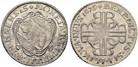 SPEZIALSAMMLUNG BERN 
 Halbtaler 1679.
 Av. Leicht ovales Berner Wappen in verzierter Kartusche. Das Feld oberhalb und unterhalb des Bären ist mit R...