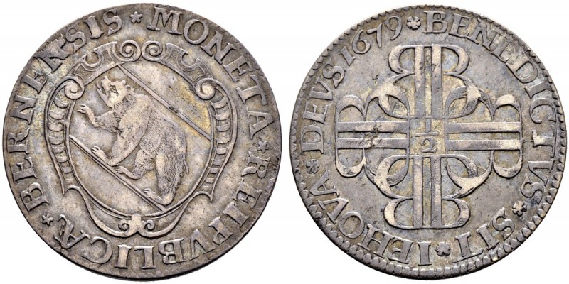 SPEZIALSAMMLUNG BERN 
 Halbtaler 1679.
 Av. Leicht ovales Berner Wappen in ver...
