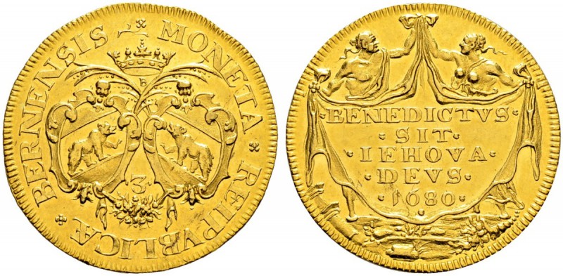 SPEZIALSAMMLUNG BERN 
 3 Dukaten 1680.
 Av. Zwei ovale Berner Wappen einander ...