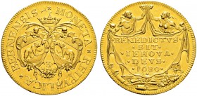 SPEZIALSAMMLUNG BERN 
 3 Dukaten 1680.
 Av. Zwei ovale Berner Wappen einander gegenüber gestellt. Darüber jeweils ein Puttenkopf. Oben Krone über de...