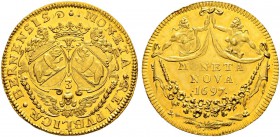 SPEZIALSAMMLUNG BERN 
 3 Dukaten 1697.
 Av. Zwei Berner Wappen einander gegenüber gestellt. Oben eine Krone, darunter die Wertzahl mit einem Engel i...