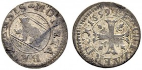 SPEZIALSAMMLUNG BERN 
 Vierer 1699.
 Av. Rundes Berner Wappen.
 Rv. Ankerkreuz mit Verzierungen in den Winkeln.
 0.55 g. Lohner 967-972. D.T. 1157...