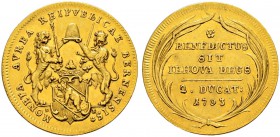 SPEZIALSAMMLUNG BERN 
 Doppeldukat 1703.
 Av. Gekröntes Berner Wappen zwischen zwei aufrechten Löwen, die einen Hut empor halten.
 Neben dem Wappen...