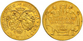 SPEZIALSAMMLUNG BERN 
 3 Dukaten 1707.
 Av. Zwei ovale Berner Wappen einander gegenüber gestellt. Darüber jeweils ein Puttenkopf. Oben Krone über de...