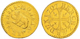SPEZIALSAMMLUNG BERN 
 Vierer 1707. Goldabschlag .
 Av. Bär nach links in rundem Wappen.
 Rv. Ankerkreuz mit Verzierungen in den Winkeln.
 1.11 g....