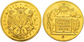 SPEZIALSAMMLUNG BERN 
 6 Dukaten o. J. (um 1710).
 Av. Gekröntes Berner Wappen zwischen einem aufrechten Bären und Löwen. Darunter die Stempelschnei...