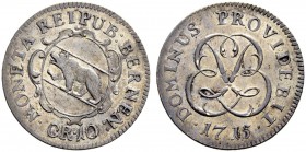 SPEZIALSAMMLUNG BERN 
 10 Kreuzer 1715.
 Av. Berner Wappen auf verzierter Kartusche. Darunter die Wertbezeichnung &quot;CR.10&quot;. &quot;.MONETA R...
