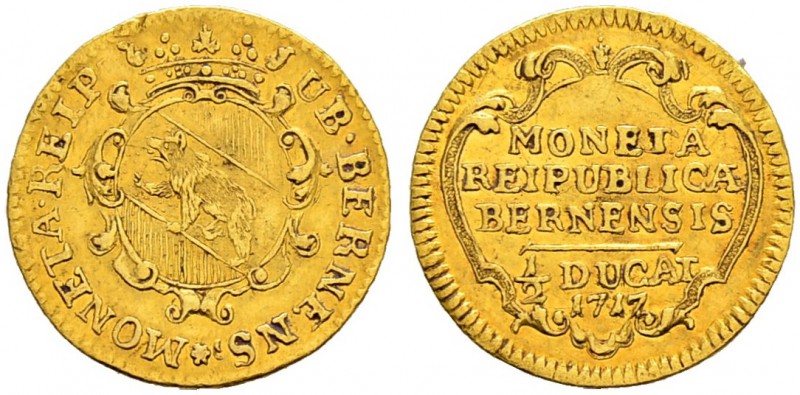SPEZIALSAMMLUNG BERN 
 Halbdukat 1717.
 Av. Gekröntes, ovales Wappen auf verzi...
