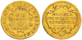 SPEZIALSAMMLUNG BERN 
 Halbdukat 1717.
 Av. Gekröntes, ovales Wappen auf verzierter Kartusche. &quot;MONETA. REIP UB. BERNENS*&quot;.
 Rv. &quot;MO...