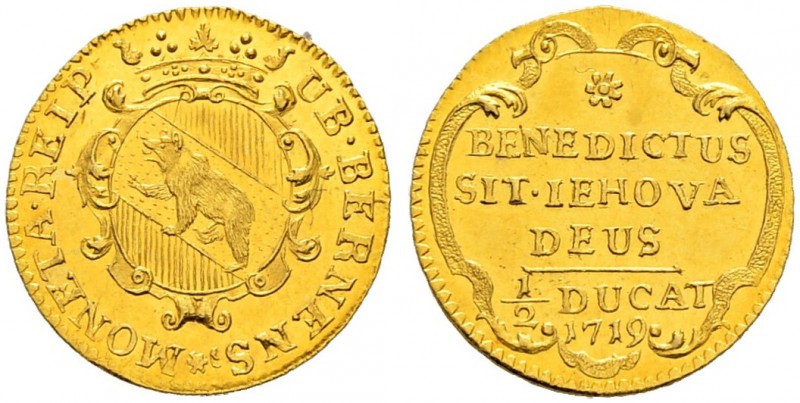 SPEZIALSAMMLUNG BERN 
 Halbdukat 1719.
 Av. Gekröntes, ovales Wappen auf verzi...