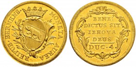 SPEZIALSAMMLUNG BERN 
 4 Dukaten o. J. (um 1750).
 Av. Gekröntes, geschwungenes Berner Wappen auf einer reich verzierten Kartusche.
 Rv. Inschrift ...