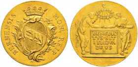 SPEZIALSAMMLUNG BERN 
 4 Dukaten o. J. (um 1750).
 Av. Geschwungenes, gekröntes Wappen auf einer reich verzierten Kartusche.
 Rv. Mann und Frau sic...