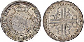 SPEZIALSAMMLUNG BERN 
 Vierteltaler (10 Batzen) 1757.
 Av. Gekröntes Wappen in einem Blätterkranz.
 Rv. Vier doppelte gekrönte &quot;B&quot; ins Kr...