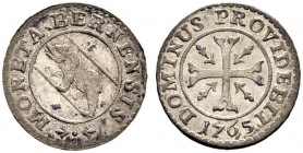 SPEZIALSAMMLUNG BERN 
 Vierer 1765.
 Av. Rundes Berner Wappen.
 Rv. Ankerkreuz mit Verzierungen in den Winkeln.
 0.67 g. Lohner 1427-1431. D.T. 53...