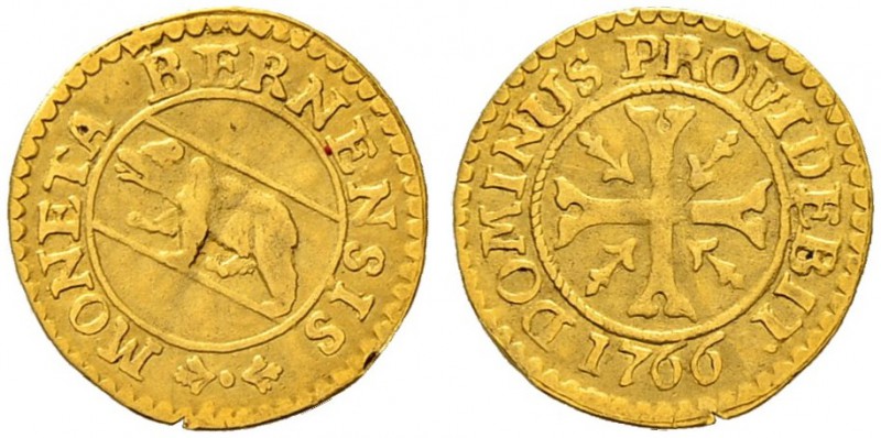 SPEZIALSAMMLUNG BERN 
 Vierer 1766. Goldabschlag .
 Av. Bär nach links in rund...