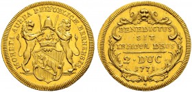SPEZIALSAMMLUNG BERN 
 Doppeldukat 1771.
 Av. Von zwei Löwen flankiertes, gekröntes Wappen. &quot;MONETA AUREA REIPUBLICAE BERNENSIS&quot;.
 Rv. Ge...