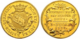 SPEZIALSAMMLUNG BERN 
 3 Dukaten 1772.
 Av. Gekröntes Berner Wappen auf einer verzierten Kartusche.
 Rv. Dreizeilige Inschrift mit Wertangabe und J...