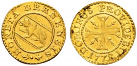 SPEZIALSAMMLUNG BERN 
 Vierer 1778. Goldabschlag .
 Av. Bär nach links in rundem Wappen.
 Rv. Ankerkreuz mit Verzierungen in den Winkeln.
 0.70 g....