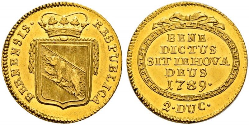 SPEZIALSAMMLUNG BERN 
 Doppeldukat 1789.
 Av. Gekröntes, bekränztes Berner Wap...
