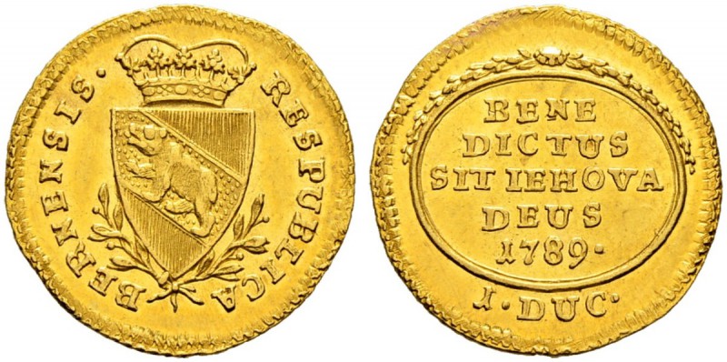 SPEZIALSAMMLUNG BERN 
 Dukat 1789.
 Av. Gekröntes, spitzes Berner Wappen in ei...