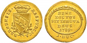 SPEZIALSAMMLUNG BERN 
 Dukat 1789.
 Av. Gekröntes, spitzes Berner Wappen in einem Lorbeerkranz.
 Rv. Ovale Kartusche mit Inschrift und Jahreszahl. ...