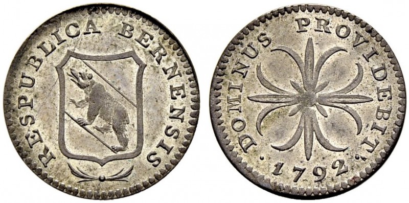 SPEZIALSAMMLUNG BERN 
 Kreuzer 1792. Probeprägung. 
 Av. Eckiges Berner Wappen...