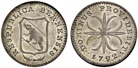 SPEZIALSAMMLUNG BERN 
 Kreuzer 1792. Probeprägung. 
 Av. Eckiges Berner Wappen über einem kleinen Kranz.
 Rv. Blätterkreuz.
 1.08 g. Lohner 1380. ...