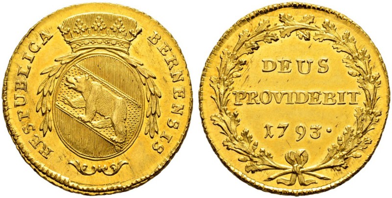 SPEZIALSAMMLUNG BERN 
 Doppeldublone 1793.
 Av. Ovales, gekröntes Wappen mit Z...