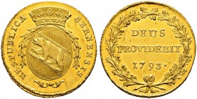 SPEZIALSAMMLUNG BERN 
 Doppeldublone 1793.
 Av. Ovales, gekröntes Wappen mit Zweigen bekränzt.
 Rv. &quot;DEUS PROVIDEBIT 1793.&quot; in einem Eich...