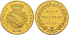 SPEZIALSAMMLUNG BERN 
 Doppeldublone 1793.
 Av. Ovales, gekröntes Wappen mit Zweigen bekränzt.
 Rv. &quot;DEUS PROVIDEBIT 1793.&quot; in einem Eich...