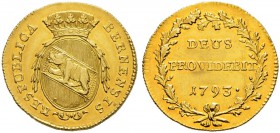 SPEZIALSAMMLUNG BERN 
 Dublone 1793.
 Av. Ovales, gekröntes Wappen mit Zweigen bekränzt.
 Rv. &quot;DEUS PROVIDEBIT 1793.&quot; in einem Eichenkran...