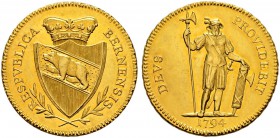 SPEZIALSAMMLUNG BERN 
 Doppeldublone 1794.
 Av. Gekröntes, spitzes Berner Wappen in einem kleinen Kranz.
 Rv. Stehender Krieger mit Rutenbündel und...