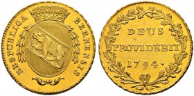 SPEZIALSAMMLUNG BERN 
 Doppeldublone 1794.
 Av. Ovales, gekröntes Wappen mit Zweigen bekränzt.
 Rv. &quot;DEUS PROVIDEBIT 1794.&quot; in einem Eich...