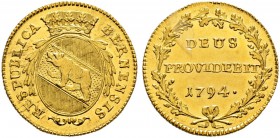 SPEZIALSAMMLUNG BERN 
 Dublone 1794.
 Av. Ovales, gekröntes Wappen mit Zweigen bekränzt.
 Rv. &quot;DEUS PROVIDEBIT 1794.&quot; in einem Eichenkran...