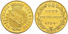 SPEZIALSAMMLUNG BERN 
 Dublone 1794.
 Av. Ovales, gekröntes Wappen mit Zweigen bekränzt.
 Rv. &quot;DEUS PROVIDEBIT 1794.&quot; in einem Eichenkran...