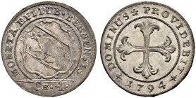 SPEZIALSAMMLUNG BERN 
 Batzen 1794.
 Av. Geschweiftes Wappen, im Abschnitt Wertangabe.
 Rv. Batzenkreuz.
 2.74 g. Lohner 1170-1173. D.T. 524o. HMZ...