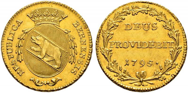 SPEZIALSAMMLUNG BERN 
 Doppeldublone 1795.
 Av. Ovales, gekröntes Wappen mit Z...