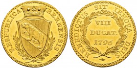 SPEZIALSAMMLUNG BERN 
 8 Dukaten 1796.
 Av. Gekröntes, spitzes Berner Wappen in einem kleinen Lorbeerkranz.
 Rv. Wertangabe &quot;VIII DUCAT.&quot;...