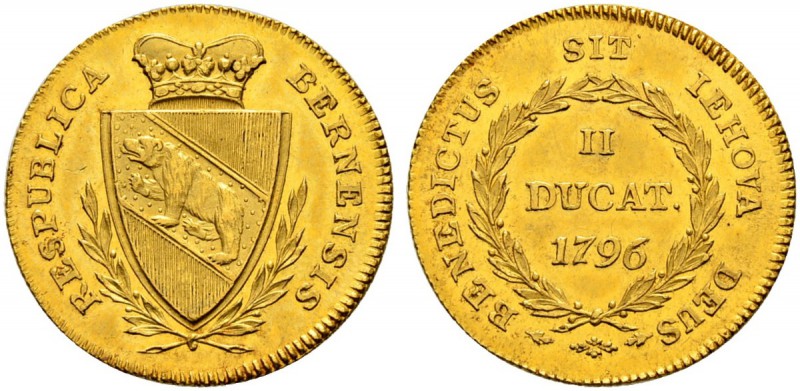 SPEZIALSAMMLUNG BERN 
 Doppeldukat 1796.
 Av. Gekröntes, spitzes Berner Wappen...
