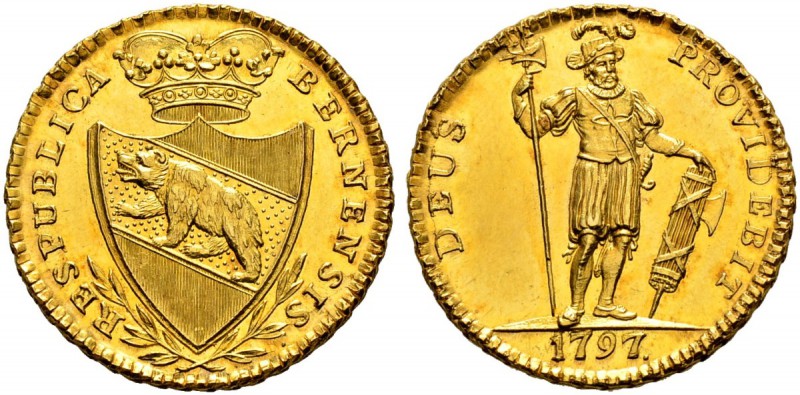 SPEZIALSAMMLUNG BERN 
 Doppeldublone 1797.
 Av. Gekröntes, spitzes Berner Wapp...