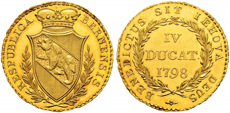 SPEZIALSAMMLUNG BERN 
 4 Dukaten 1798.
 Av. Gekröntes, spitzes Berner Wappen i...