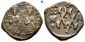 Phocas, with Leontia AD 602-610. Constantinople. Half follis Æ