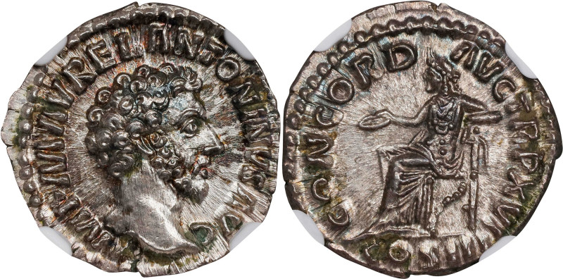 MARCUS AURELIUS, A.D. 161-180. AR Denarius (3.18 gms), Rome Mint, A.D. 161-162. ...