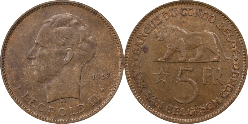 BELGIAN CONGO. 5 Francs, 1937. Leopold III. NGC AU-55.
KM-24.

Estimate: $60....